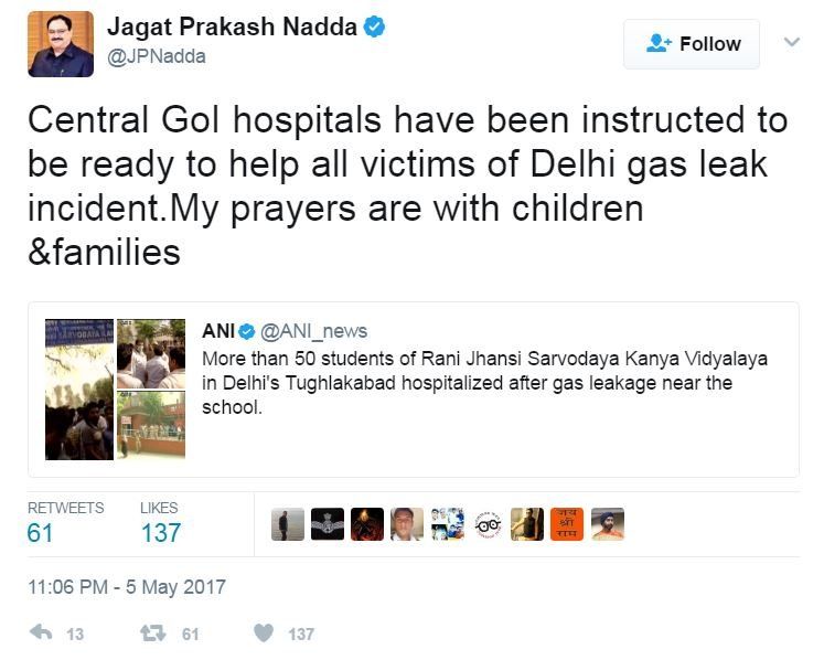 India's health minister tweeted: "Central Government of India hospitals have been instructed to be ready to help all victims of Delhi gas leak incident. My prayers are with children and families."