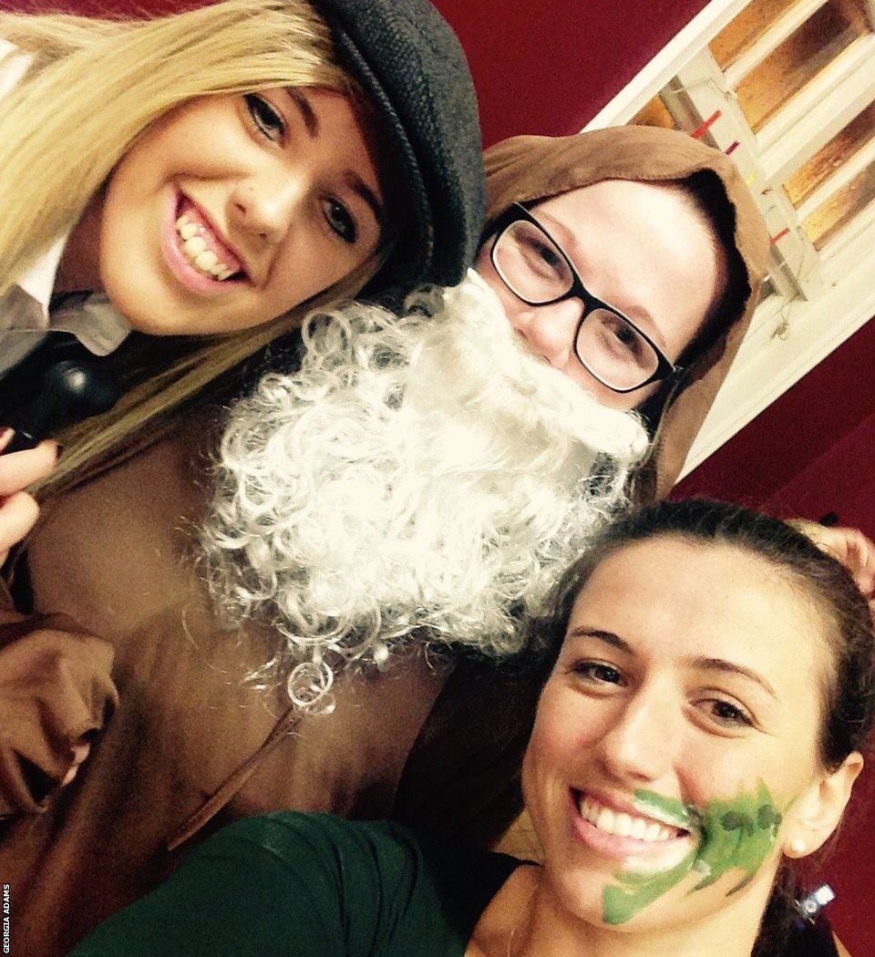 Georgia Adams as a farmer, Anya Shrubsole as Noah and Georgia Elwiss as a crocodile during a freshers night out