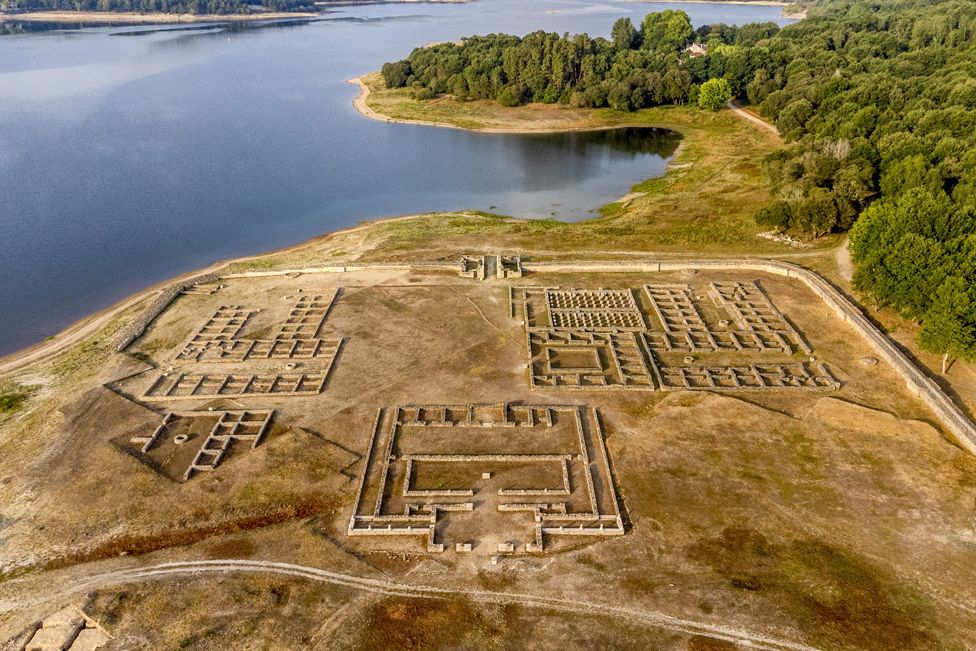 A view of the Roman camp Aquis Querquennis, located on the banks of the Limia river in the As Conchas reservoir, in Ourense, Spain, 10 August 2022.