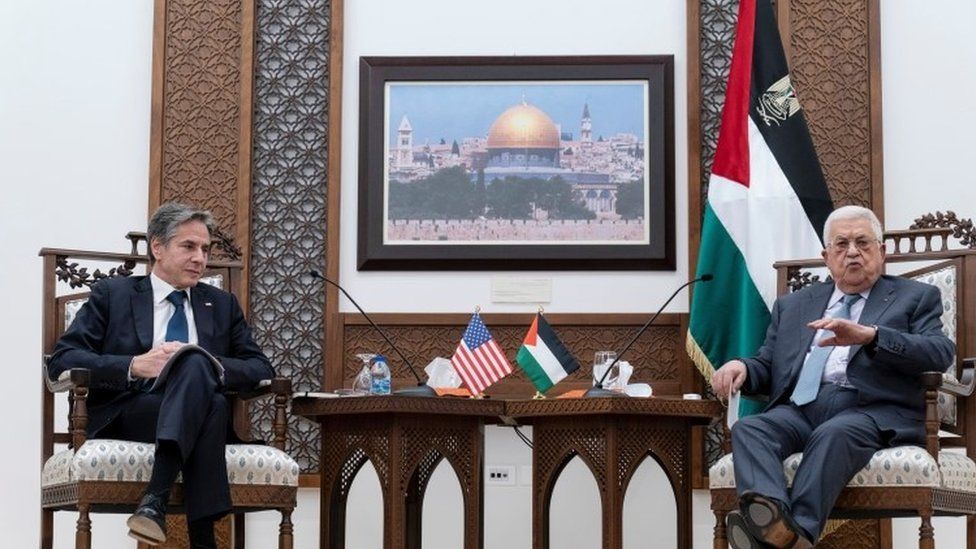 Palestinian President Mahmoud Abbas gestures as he speaks during a joint press conference with U.S. Secretary of State Antony Blinken
