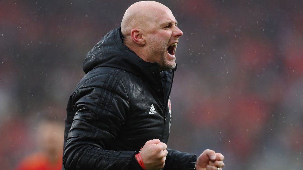 Rob Page, Head Coach of Wales celebrates after their sides victory which qualifies Wales for the 2022 FIFA World Cup during the FIFA World Cup Qualifier between Wales and Ukraine at Cardiff City Stadium