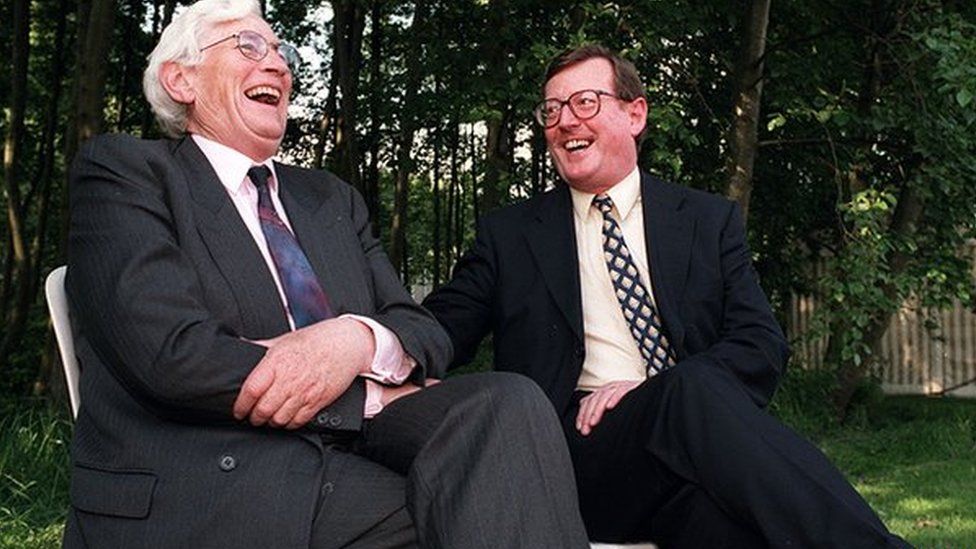 Seamus Mallon and David Trimble on the first day of the new NI Executive, 1 July 1998