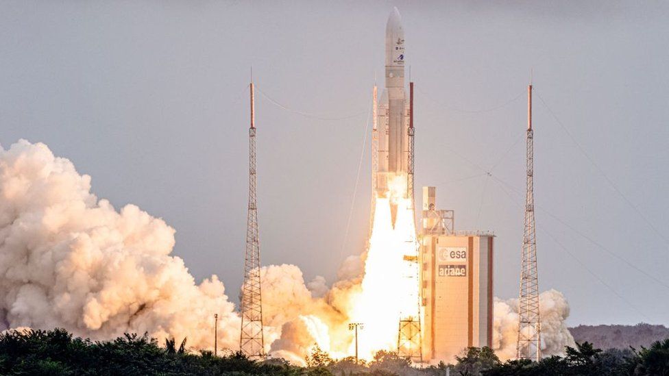 Ariane 5 rocket with NASAs James Webb Space Telescope onboard taking off on Christmas Day 2021 from the Guiana Space Centre in Kourou, French Guiana.