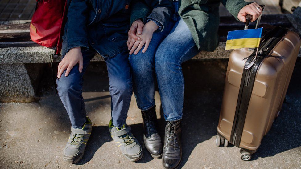 Ukrainian couple with luggage (stock photo)