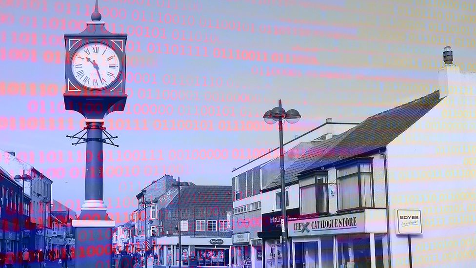 Graphic showing computer code overlaid with an image of Redcar town centre