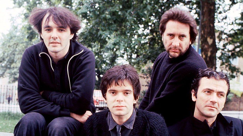 (Left to right) Dave Greenfield, Jean-Jacques Burnel, Jet Black and Hugh Cornwell of The Stranglers in 1980