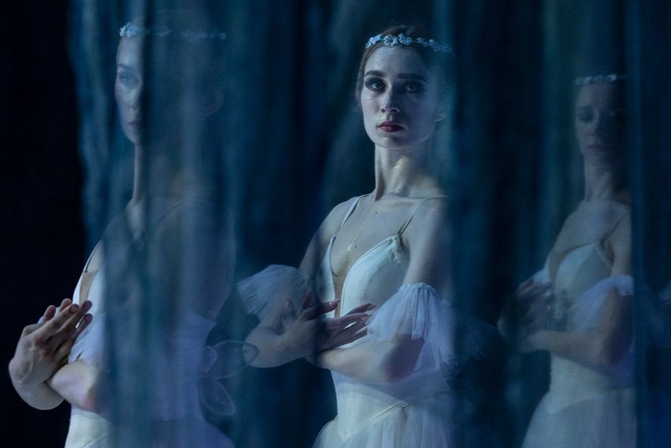 Ballet dancers are seen onstage during the performance of Giselle on June 10, 2022 in Lviv, Ukraine.