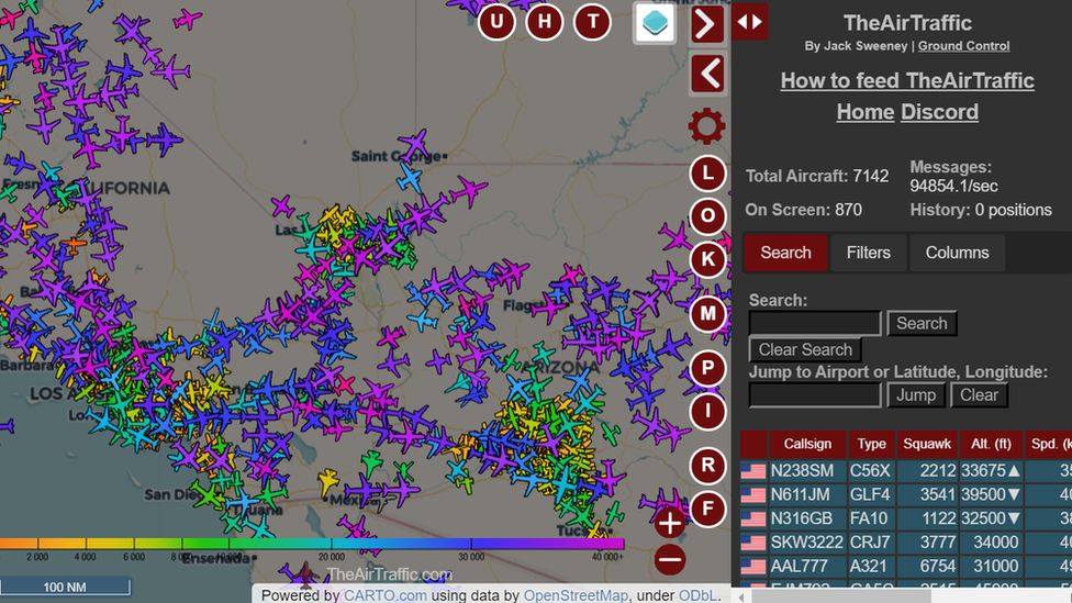 A screenshot from Jack Sweeney's website TheAirTraffic.com shows innumerable planes above the south-western United States