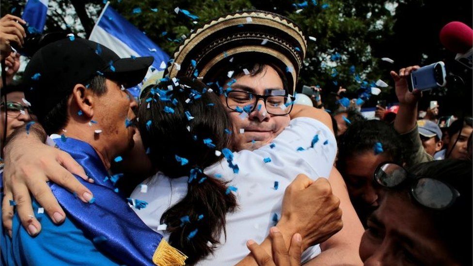 Opposition leader Yubrank Suazo, who according to local media was arrested for participating in a protest against Nicaraguan President Daniel Ortega's government, is greeted by neighbours after being released from La Modelo Prison, in Masaya, Nicaragua June 11, 2019