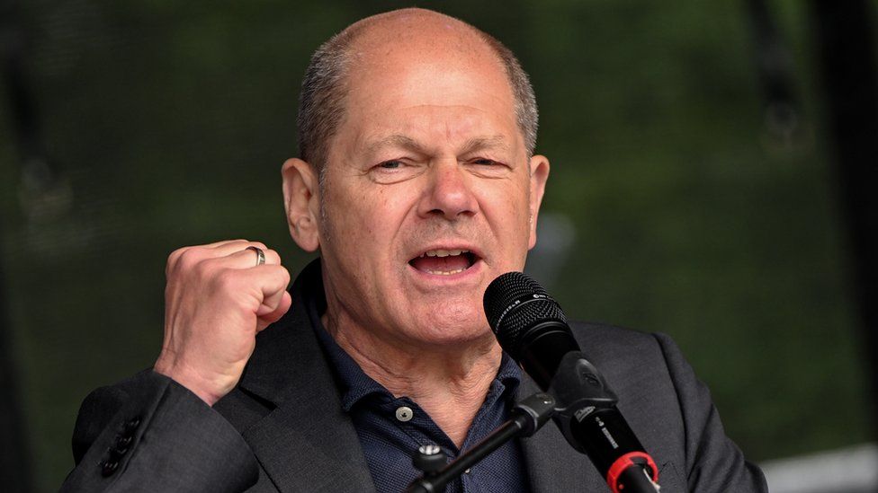 German Chancellor Olaf Scholz delivers a speech during a Labor Day rally organized by the German Trade Union Confederation (DGB) to mark International Workers Day in Dusseldorf, Germany, 01 May 2022