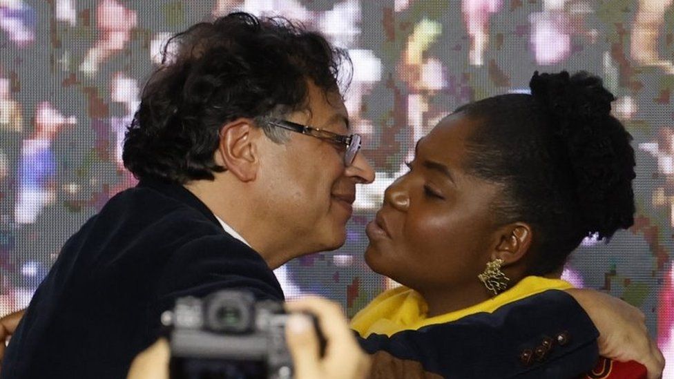 Colombian presidential candidate Gustavo Petro (L) celebrates with his vice-presidential candidate Francia Marquez (R), at the end of the election day, in Bogota, Colombia, 29 May 2022.