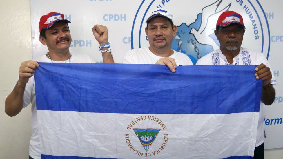 farmers' Movement leaders Medardo Mairena, Pedro Mena and Freddy Navas celebrate after being released on 11 June, 2019 in Managua