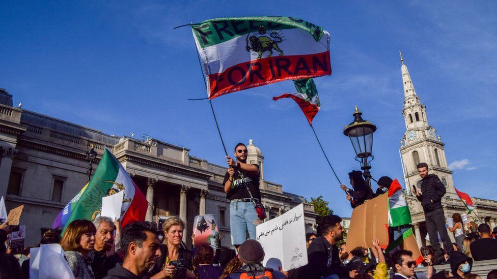 Protesters wave flags at a protest at Trafalgar Square