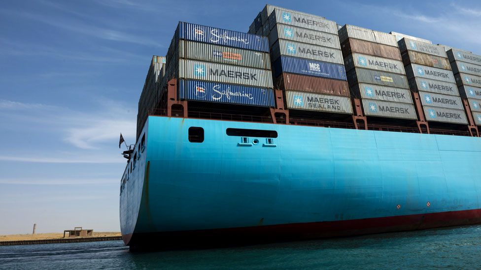 The Ebba Maersk container ship leaves Suez port and heads towards the Red Sea after passing through the Suez Canal in Suez, Egypt on 6 April 2013