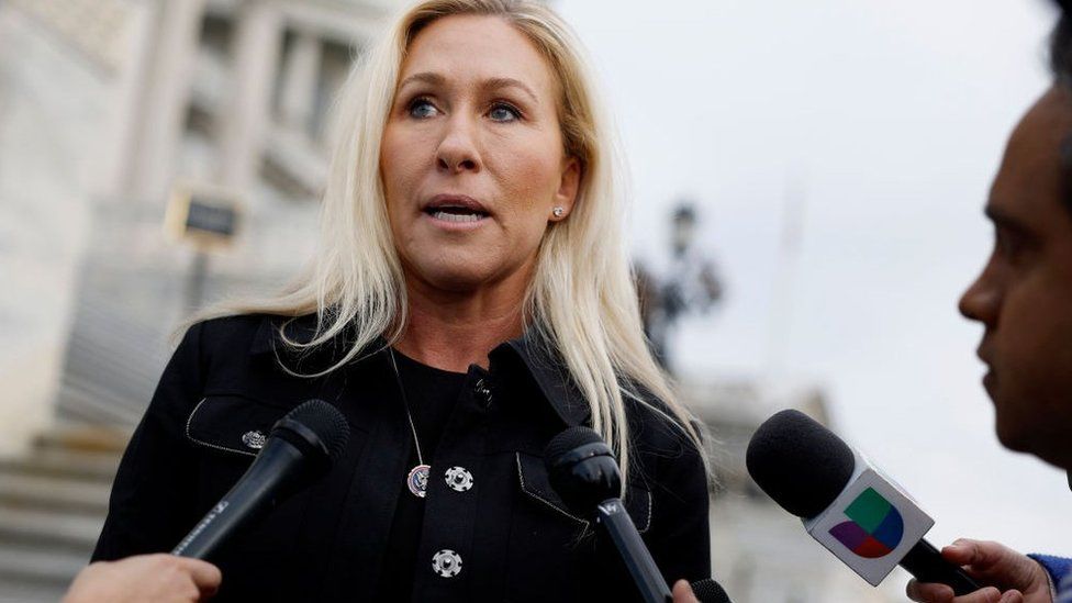 Rep. Marjorie Taylor Greene (R-GA) speaks to reporters outside of the U.S. Capitol Building during a vote on legislation pertaining to TikTok on March 13, 2024 in Washington, DC. T