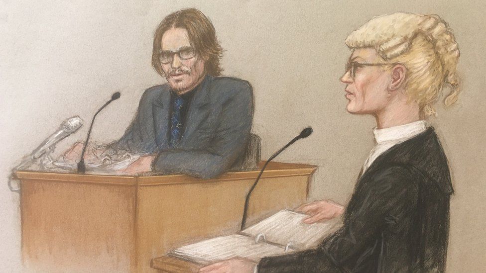 Court drawing of Johnny Depp and Sasha Wass QC.
