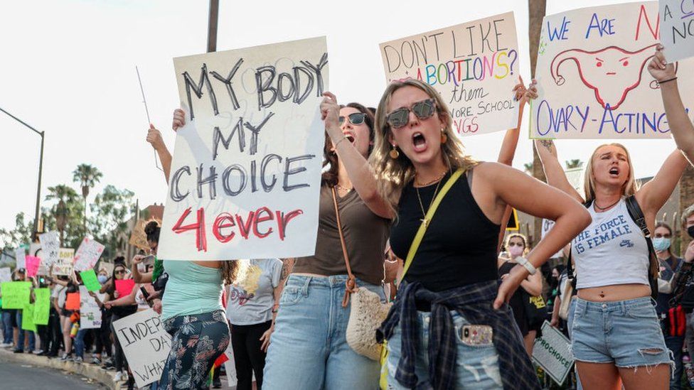 Abortion rights protesters chant during a Pro Choice rally at the Tucson Federal Courthouse in Tucson, Arizona on Monday, July 4, 2022.