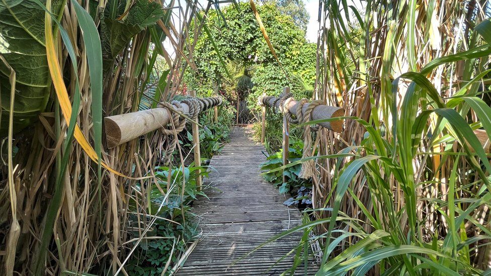 A bridge connects the tropical part of the garden to a desert area