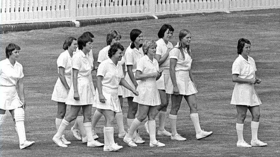 Rachael Heyhoe-Flint leads the England Women team out to field during the 2nd One Day International between England Women and Australia Women at Lord's Cricket Ground, London, 4th August 1976.