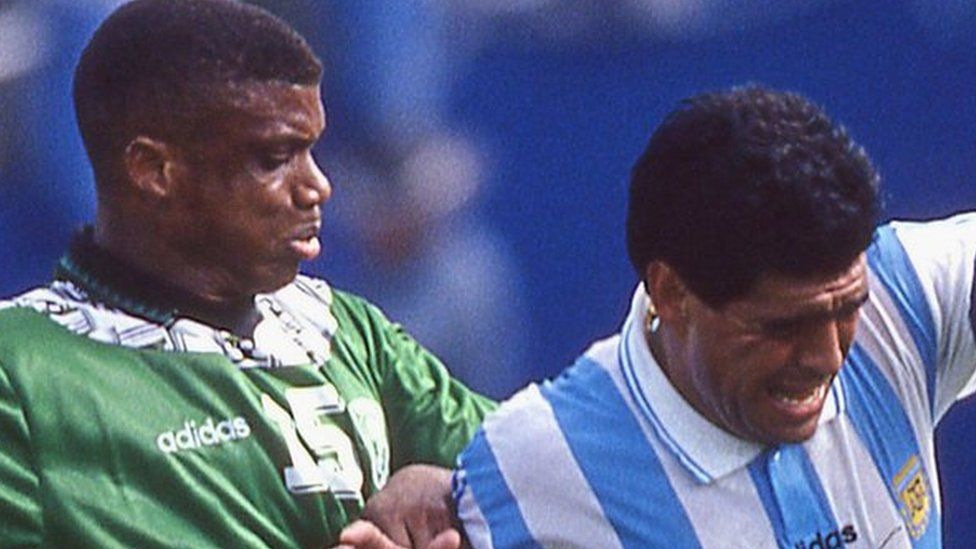 Sunday Oliseh tangles with Diego Maradona in the Argentina-Nigeria Group D match at USA '94