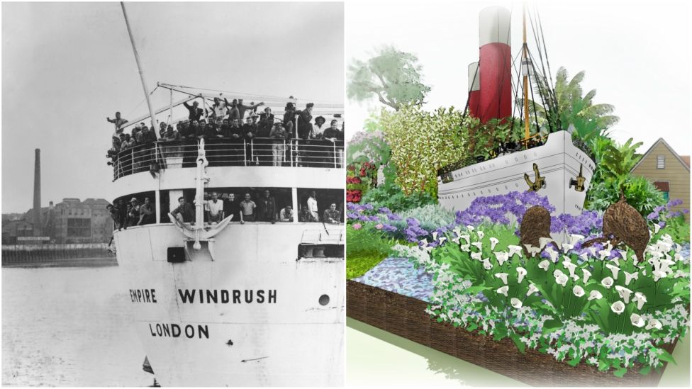 A picture of the real Windrush next to the design for the Chelsea garden design.