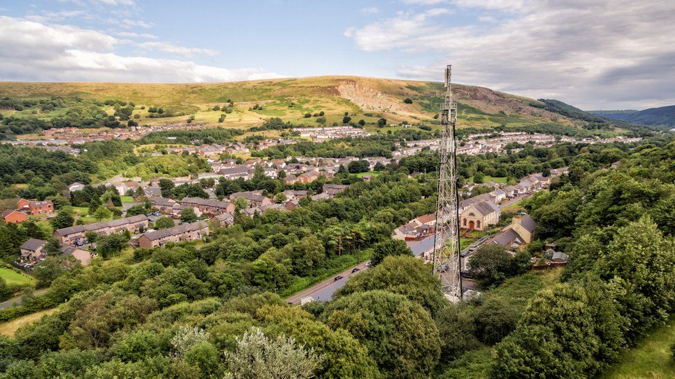 A phone mast stands tall in a small Welsh town of Blaina