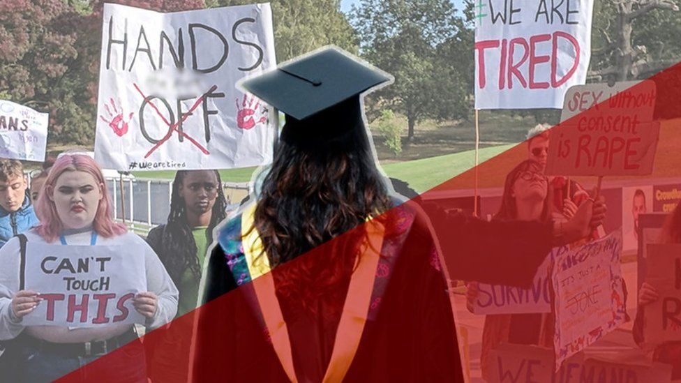 Anonymous image of a graduate in front of sexual violence protesters