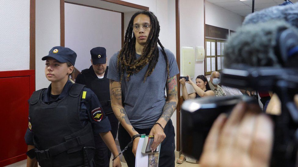 U.S. basketball player Brittney Griner, who was detained at Moscow's Sheremetyevo airport and later charged with illegal possession of cannabis, walks after the final statements in a court hearing in Khimki outside Moscow, Russia August 4, 2022. REUTERS/Evgenia Novozhenina