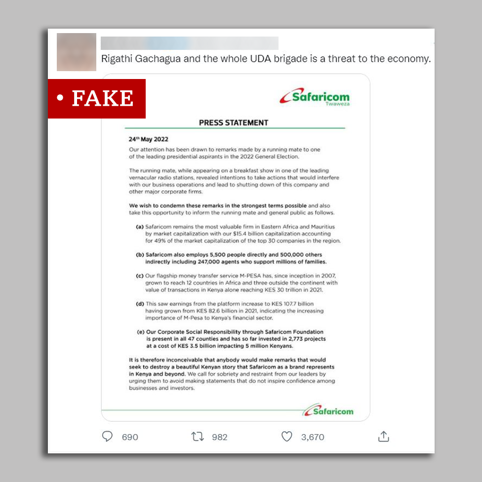 A screengrab of Tweet posting a faked Safaricom letter