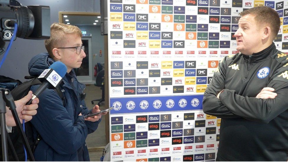 Jack doing post-match interview with Billericay manager Gary McCann