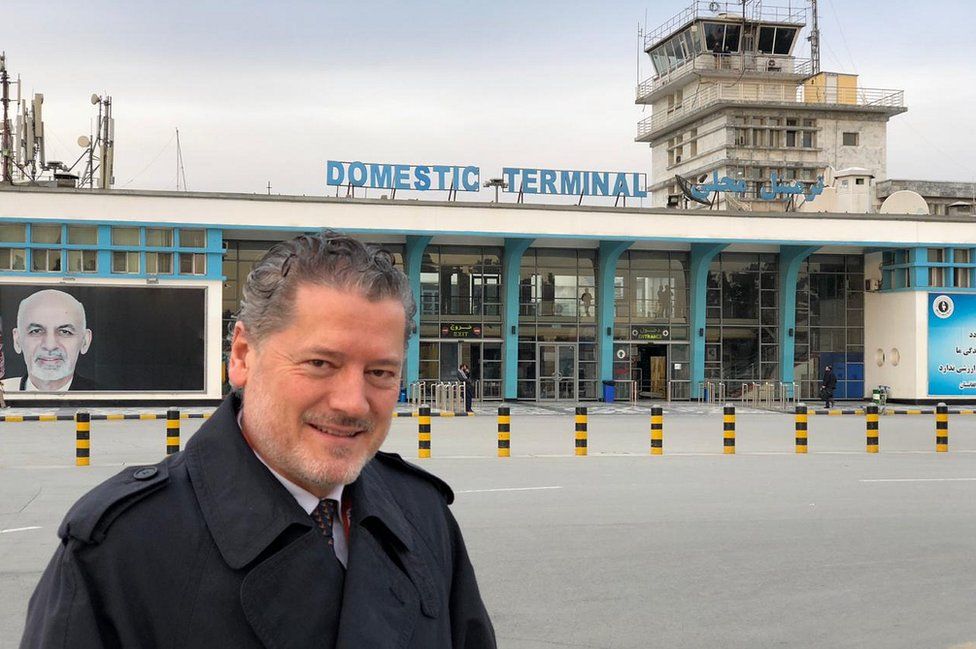 Pilots Vasileios Vasileiou pictured outside the domestic terminal at Hamid Karzai International Airport