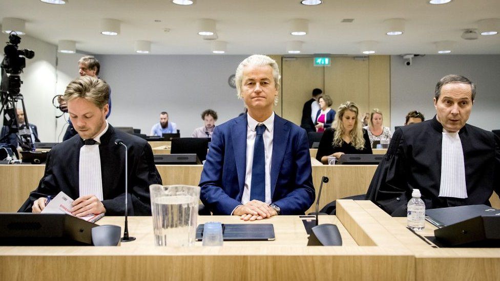 Geert Wilders (C) sits in a courtroom in Schiphol, the Netherlands on July 2, 2019