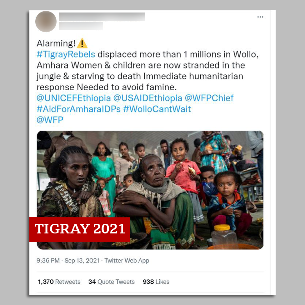 Screengrab of tweet with image of women and children from Tigray
