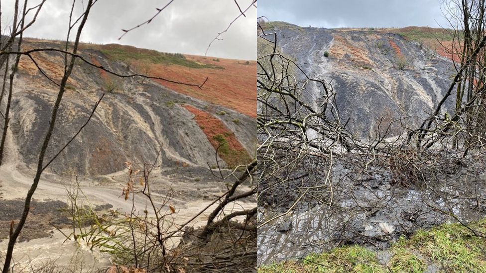 Side-by-side image of the landslide