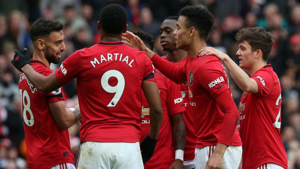 Manchester United players celebrate a goal