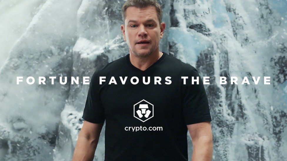 Matt Damon advertising cryptocurrency, with the slogan "Fortune Favours The Brave"