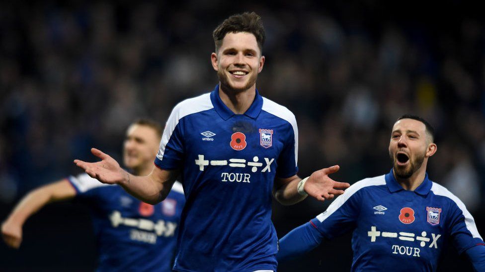 George Hirst and Conor Chaplin of Ipswich Town celebrate a goal against Swansea City
