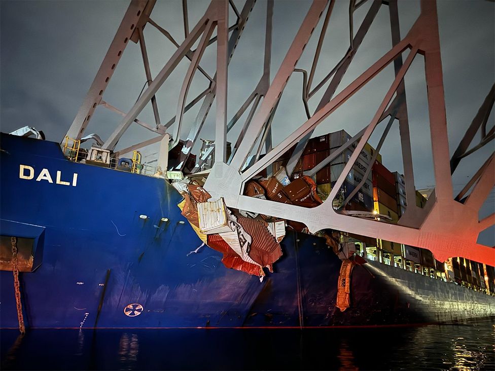 A view of the Dali cargo vessel which crashed into the Francis Scott Key Bridge causing it to collapse in Baltimore, Maryland, US, on 26 March 2024