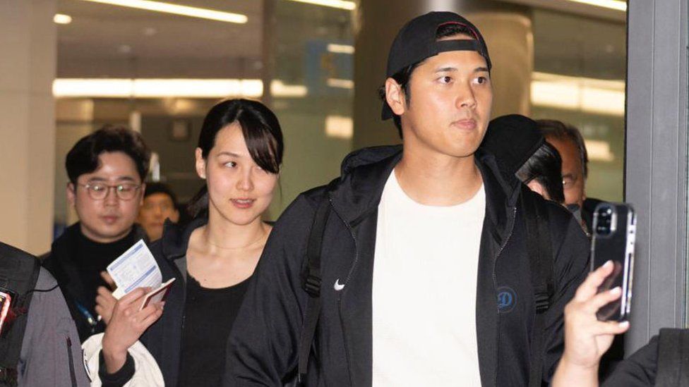 Shohei Ohtani of the Los Angeles Dodgers and his wife Mamiko Tanaka are seen on arrival at Incheon International Airport on March 15, 2024 in Incheon, South Korea.