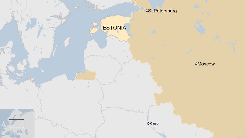 Map showing Estonia and its proximity to Russia and Ukraine