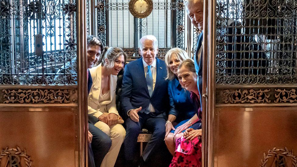 Joe Biden, along with wife Jill Biden, visit Mexico City in January 2023, seen in an elevator at the National Palace with Mexican President Andres Manuel Lopez Obrador, his wife Dr. Beatriz Gutiérrez Müller, Canadian Prime Minister Justin Trudeau and his wife Sophie Gregoire Trudeau