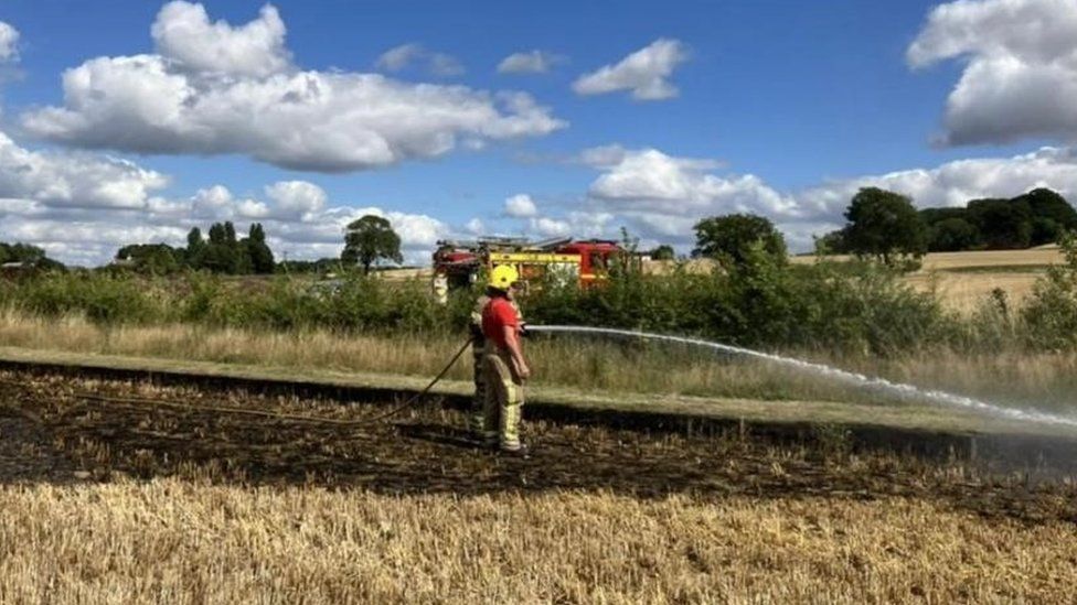 A fire officer with a hose putting water on a scorched field with a fire engine in the backgorund