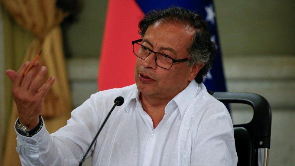 Colombia's President Gustavo Petro speaks during a meeting with Venezuela's President Nicolas Maduro at the Miraflores Palace in Caracas, Venezuela November 18, 2023.