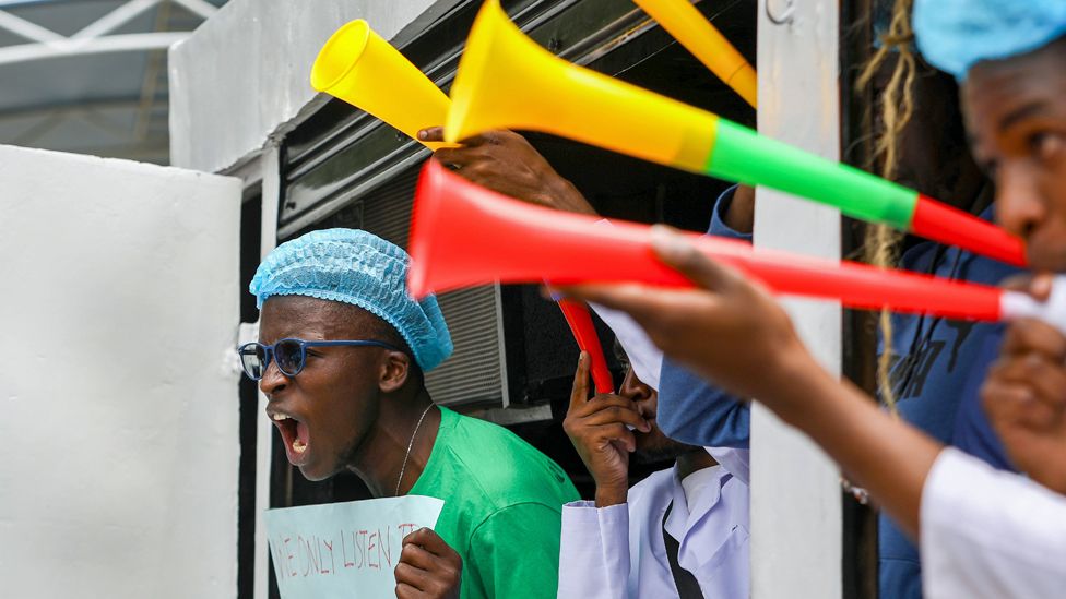 Protesting medics with vuvuzelas in Nairobi, Kenya - Tuesday 9 April 2024