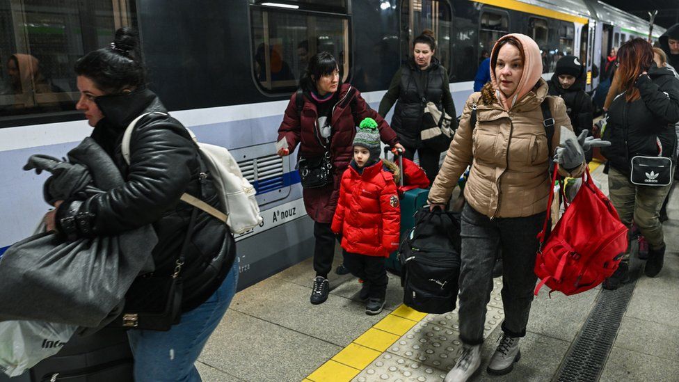 Ukrainian refugees arriving at the train station in Rzeszow in Poland