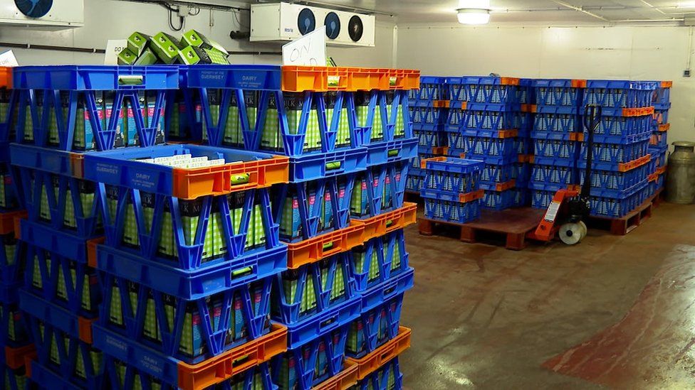 Guernsey Dairy milk crates containing cartons