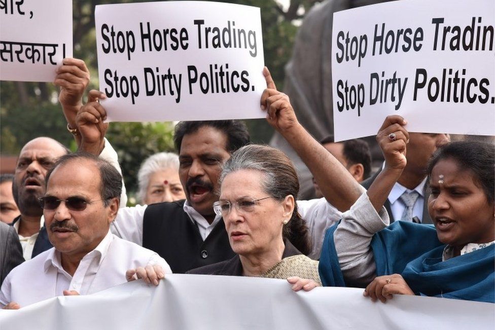 Indian congress lawmakers including their president Sonia Gandhi (C) protest against the Bharatiya Janata (BJP) at the parliament house in New Delhi, India, 25 November 2019