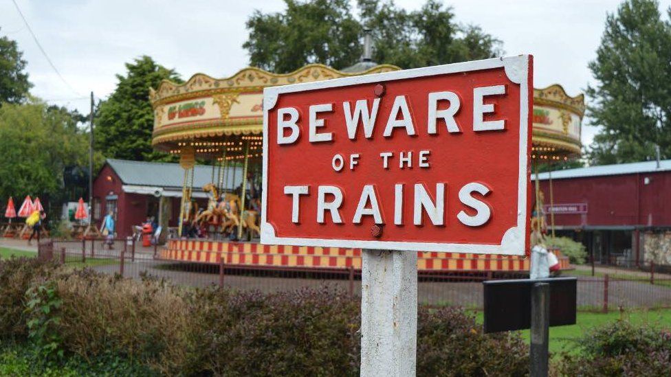 Beware of the trains sign at Bressingham Steam Museum and Garden