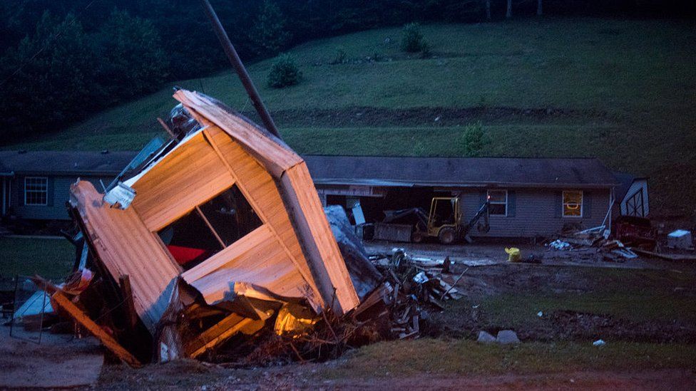 A knocked over trailer in Elkview, West Virginia, after 2016's historic floods