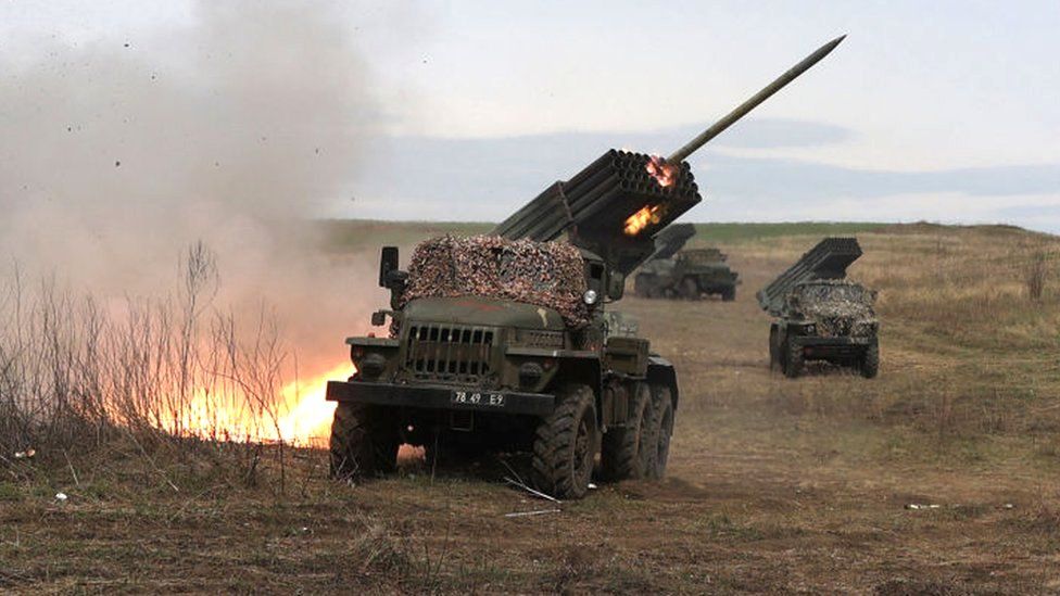 A Ukrainian Grad multiple rocket launcher shells a Russian position near Lugansk, in the Donbas region
